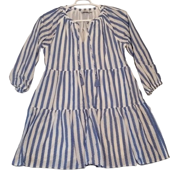 Vineyard Vines Dresses & Skirts - Vineyard Vines Poplin Striped Tiered Popover Knee-Length Dress Sz L Boho Tassel